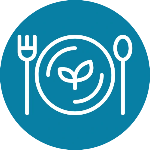 ikona talerza z liściem na środku i łyżka z widelcem po bokach talerza